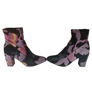 Steve Madden Velvet Floral Print Ankle Booties Block Heel Pointed Toe Women's 7